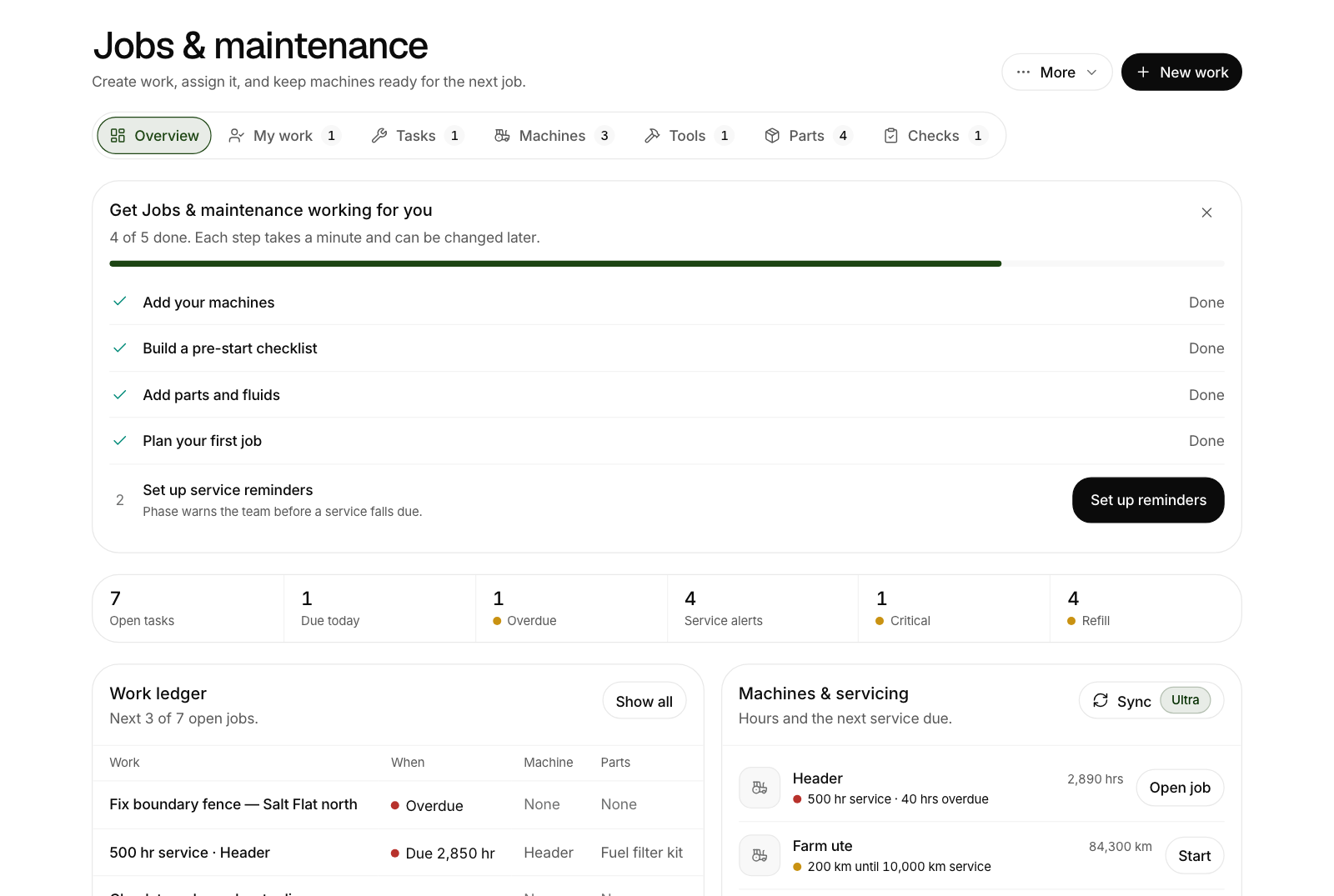 Jobs and maintenance in Phase, with open jobs, service alerts and each machine's hours and next service due