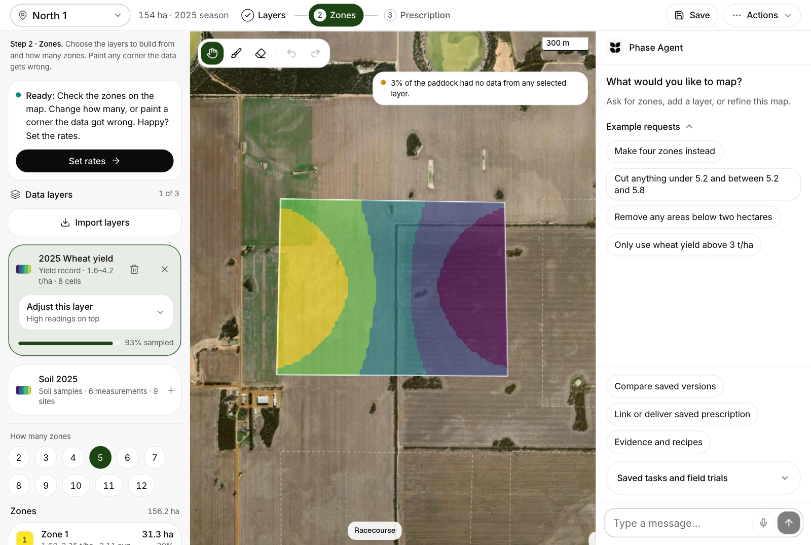 Phase Spatial with a paddock divided into five yield zones, and Phase Agent beside the map